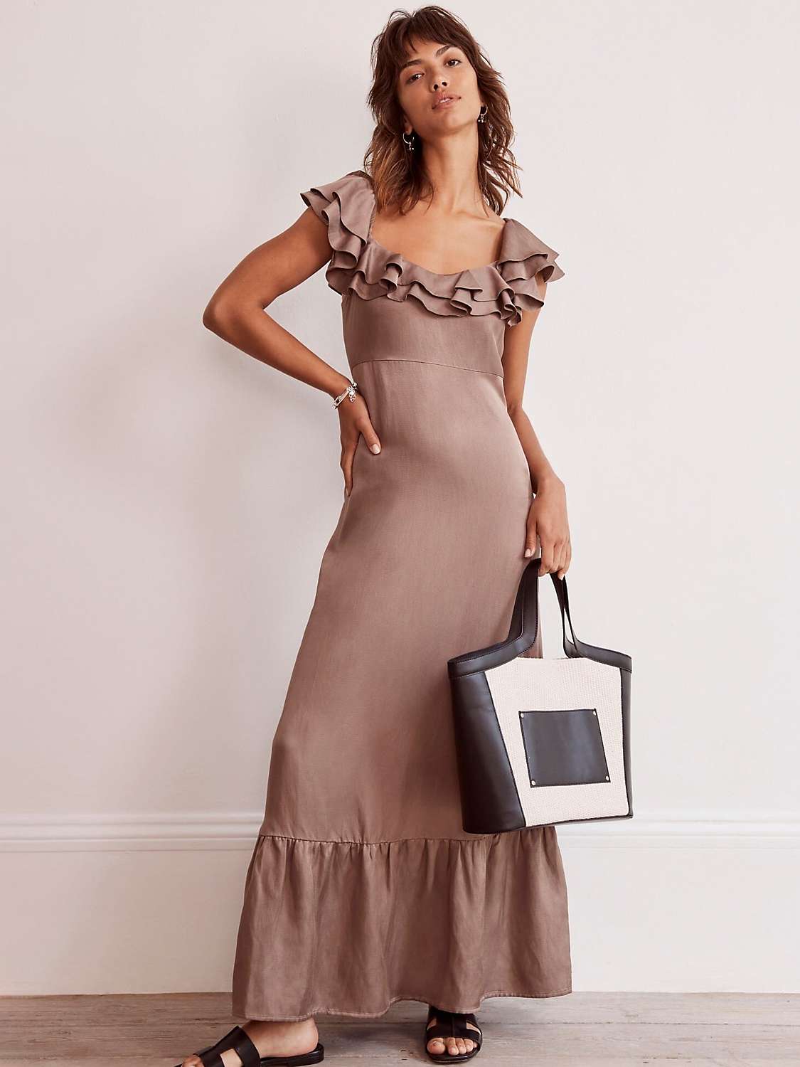 Buy Mint Velvet Plain Satin Frill Linen Blend Maxi Dress Online at johnlewis.com