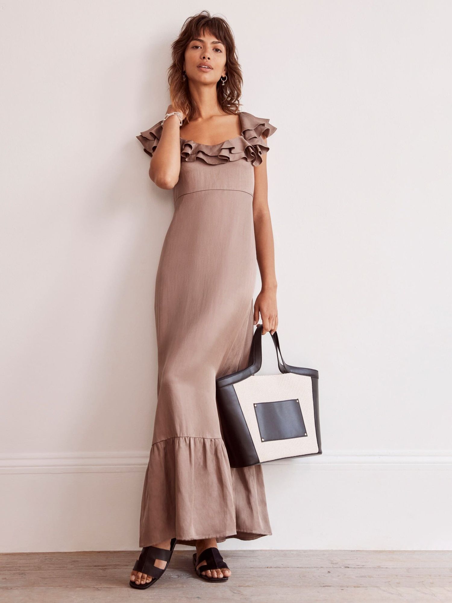 Mint Velvet Plain Satin Frill Linen Blend Maxi Dress, Dark Brown, S