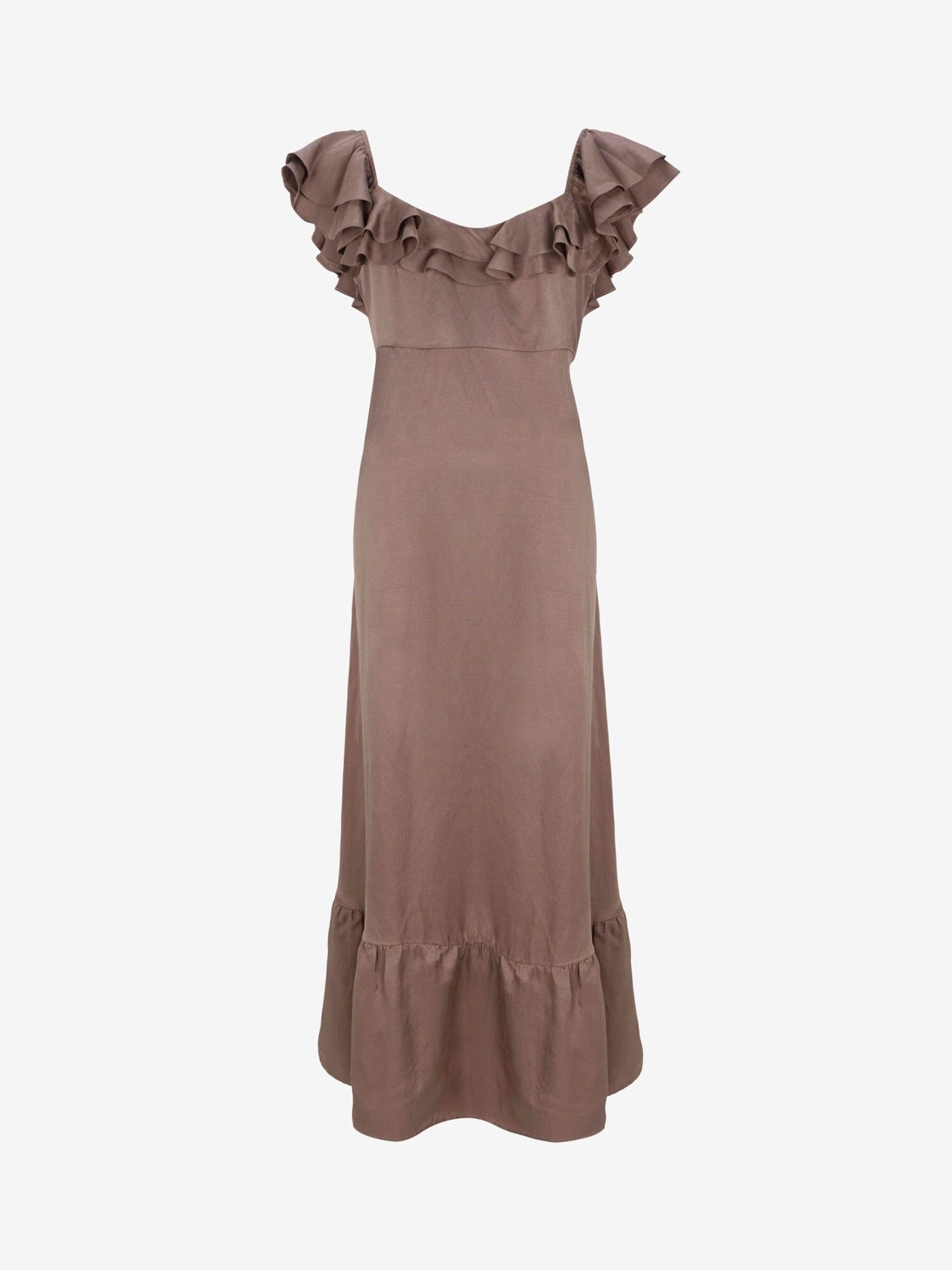 Mint Velvet Plain Satin Frill Linen Blend Maxi Dress, Dark Brown, S