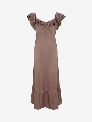 Mint Velvet Plain Satin Frill Linen Blend Maxi Dress, Dark Brown