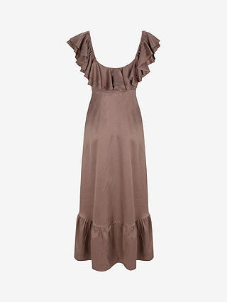 Mint Velvet Plain Satin Frill Linen Blend Maxi Dress, Dark Brown