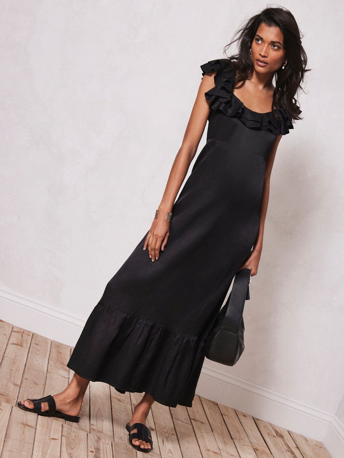 Mint Velvet Plain Satin Frill Linen Blend Maxi Dress Black At John Lewis And Partners