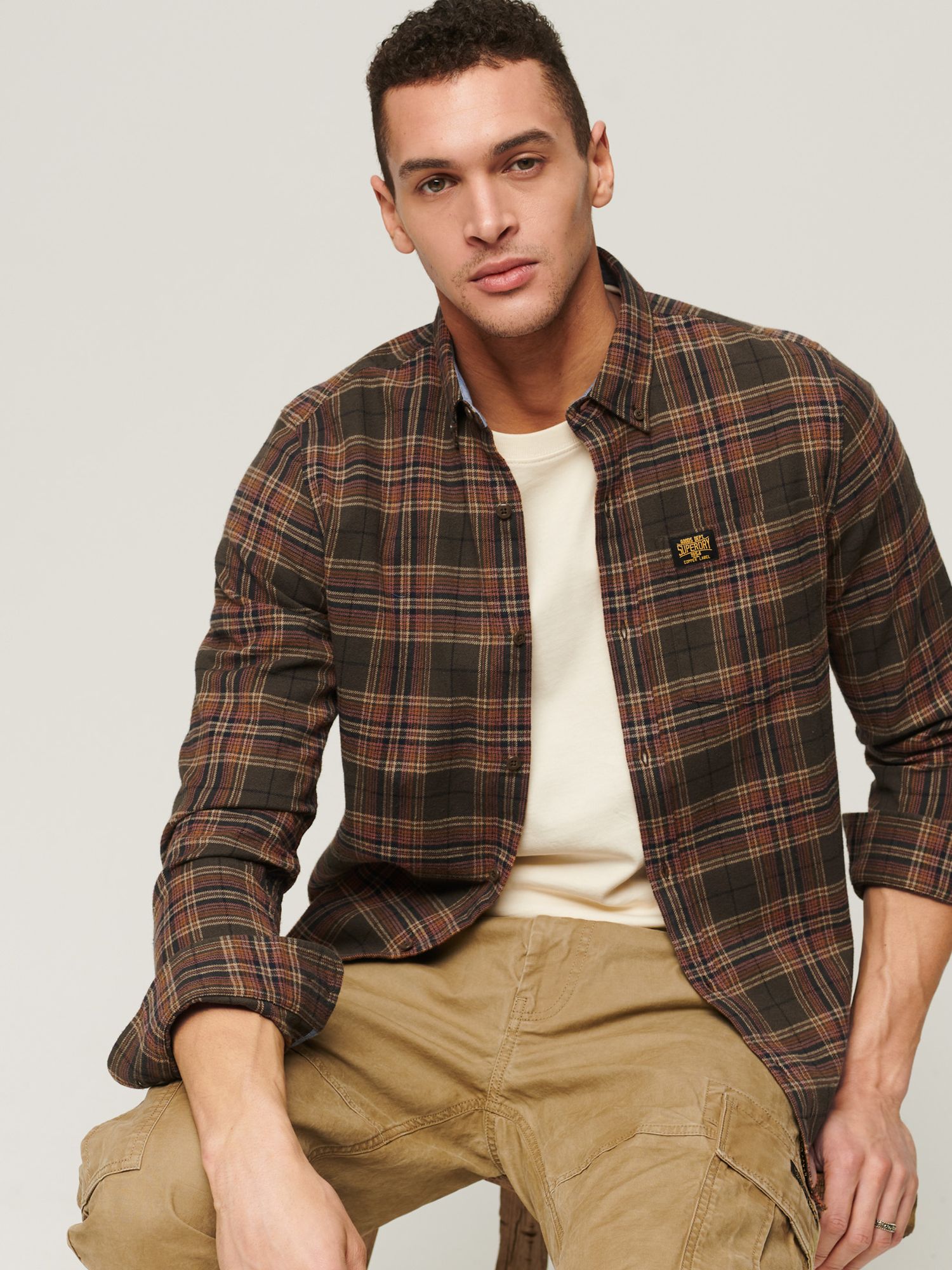 Superdry Organic Cotton Long Sleeve Lumberjack Shirt, Drayton Check Olive, L