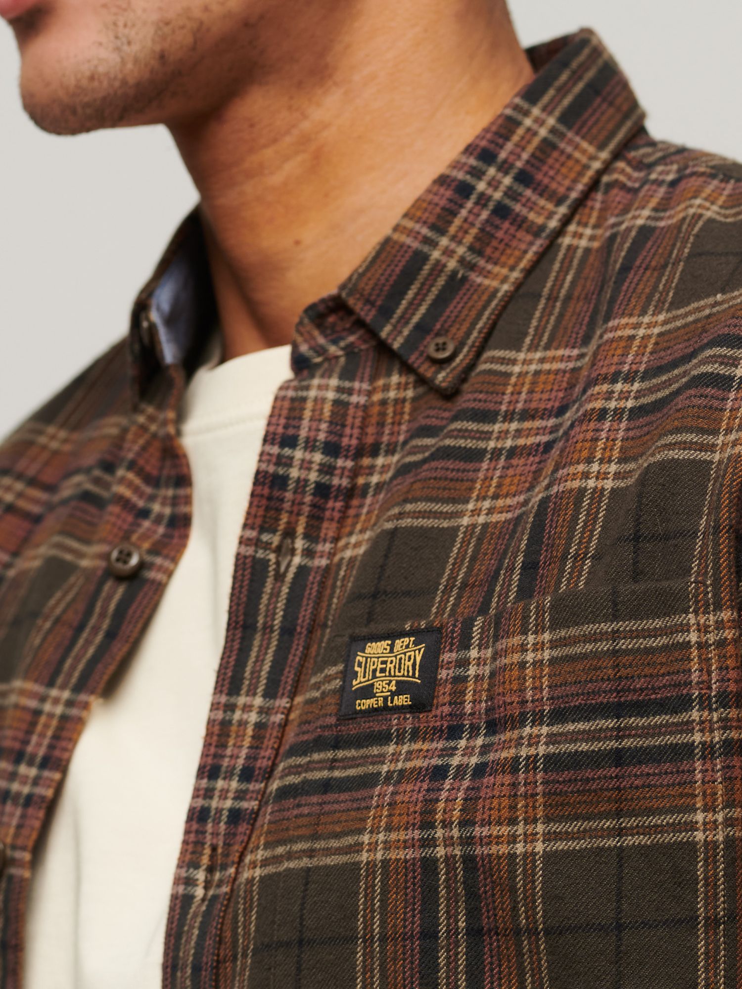 Superdry Organic Cotton Long Sleeve Lumberjack Shirt, Drayton Check Olive, L