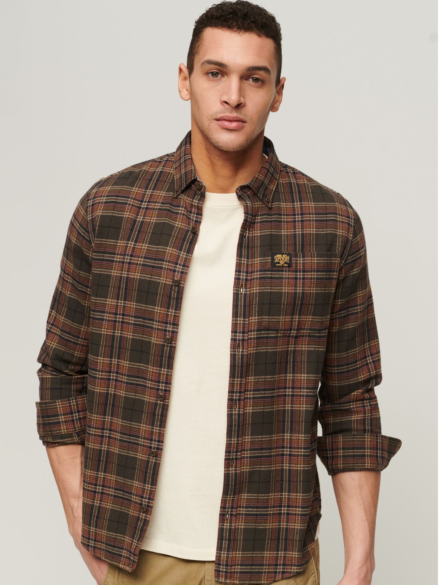 Superdry Organic Cotton Long Sleeve Lumberjack Shirt, Drayton Check Olive, S