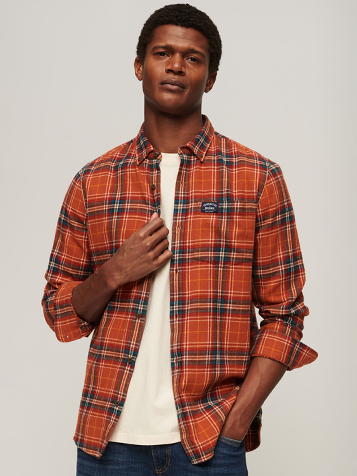 Superdry Organic Cotton Long Sleeve Lumberjack Shirt, Drayton Check Orange, S