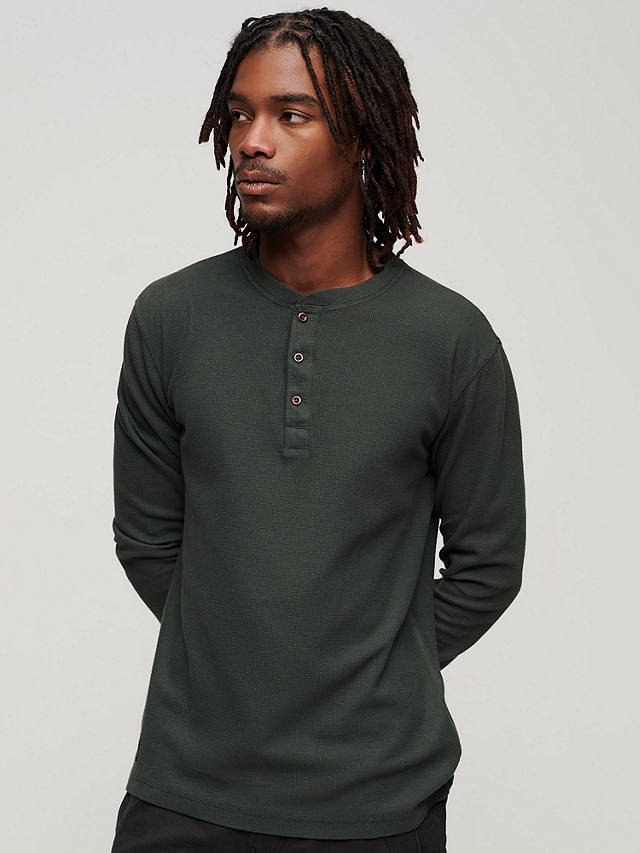 Superdry Organic Cotton Long Sleeve Waffle Henley Top, Surplus Goods Olive