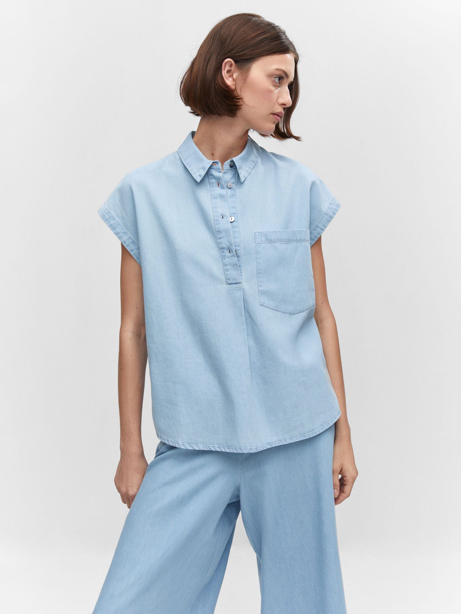 Mango Ten-H Chest Pocket Cotton Short Sleeve Shirt, Blue