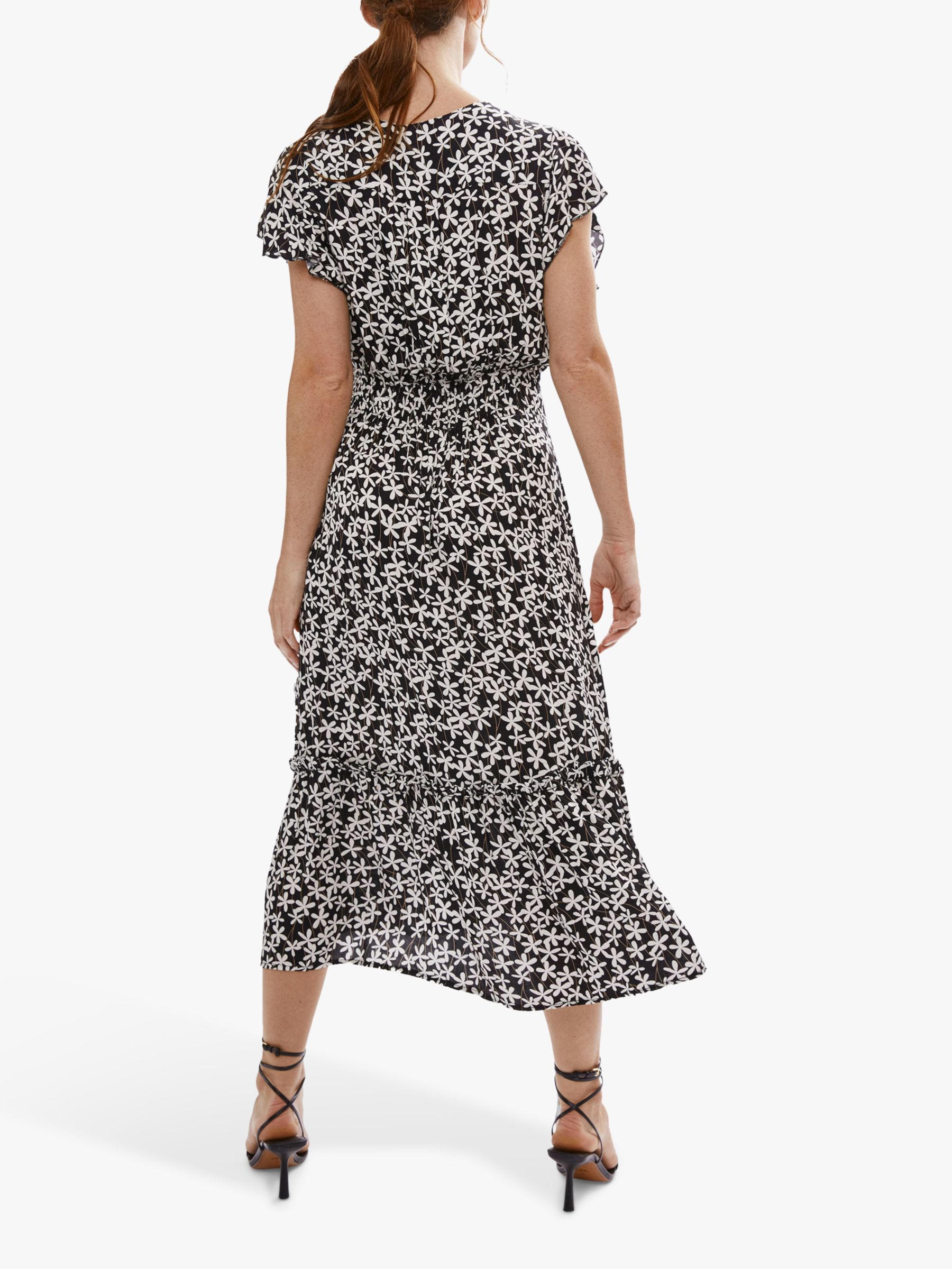 James Lakeland V-neck Ruffle Sleeve Daisy Print Midi Dress, Black/Cream, 16