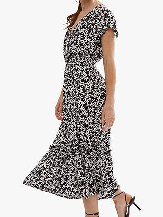 James Lakeland V-neck Ruffle Sleeve Daisy Print Midi Dress, Black/Cream