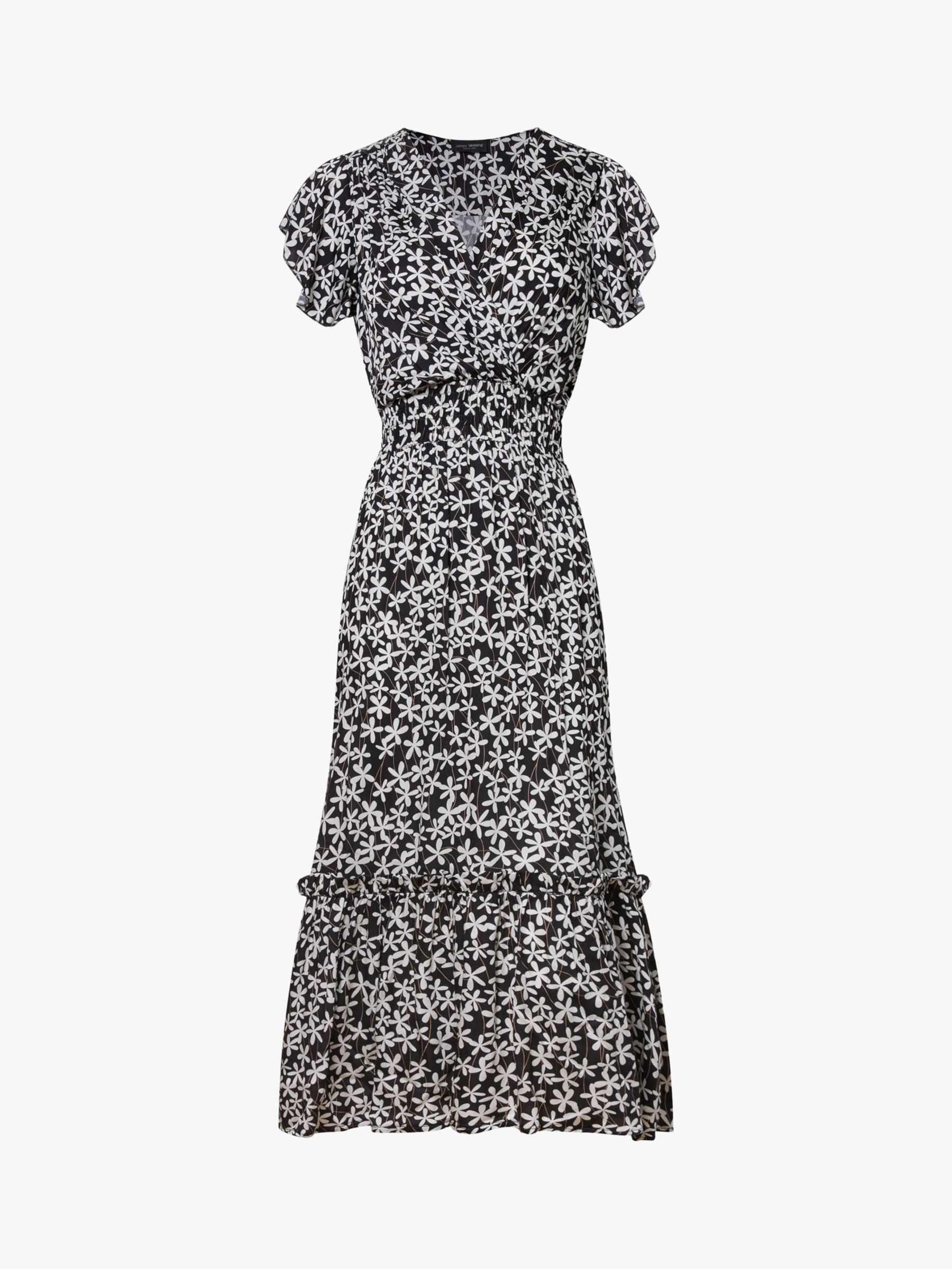 James Lakeland V-neck Ruffle Sleeve Daisy Print Midi Dress, Black/Cream, 16