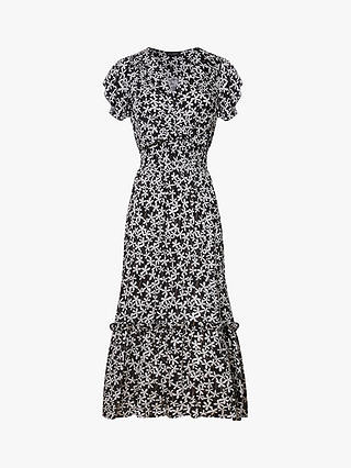 James Lakeland V-neck Ruffle Sleeve Daisy Print Midi Dress, Black/Cream