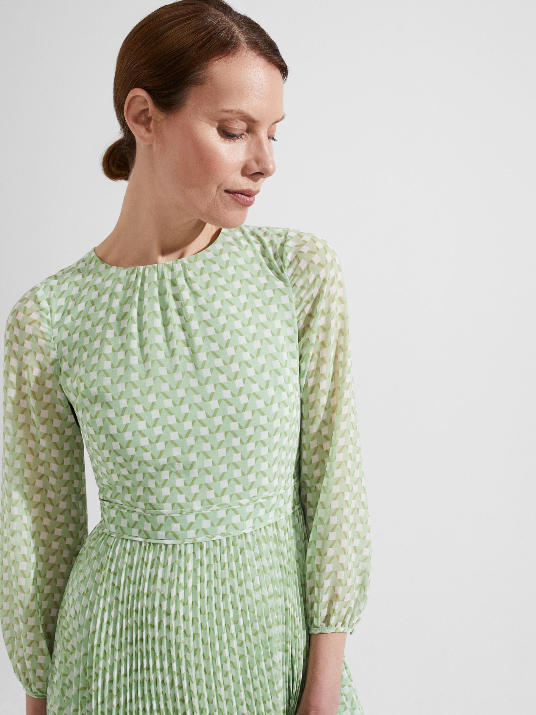 Hobbs Salma Geometric Print Pleated Dress, Green/Multi, 14