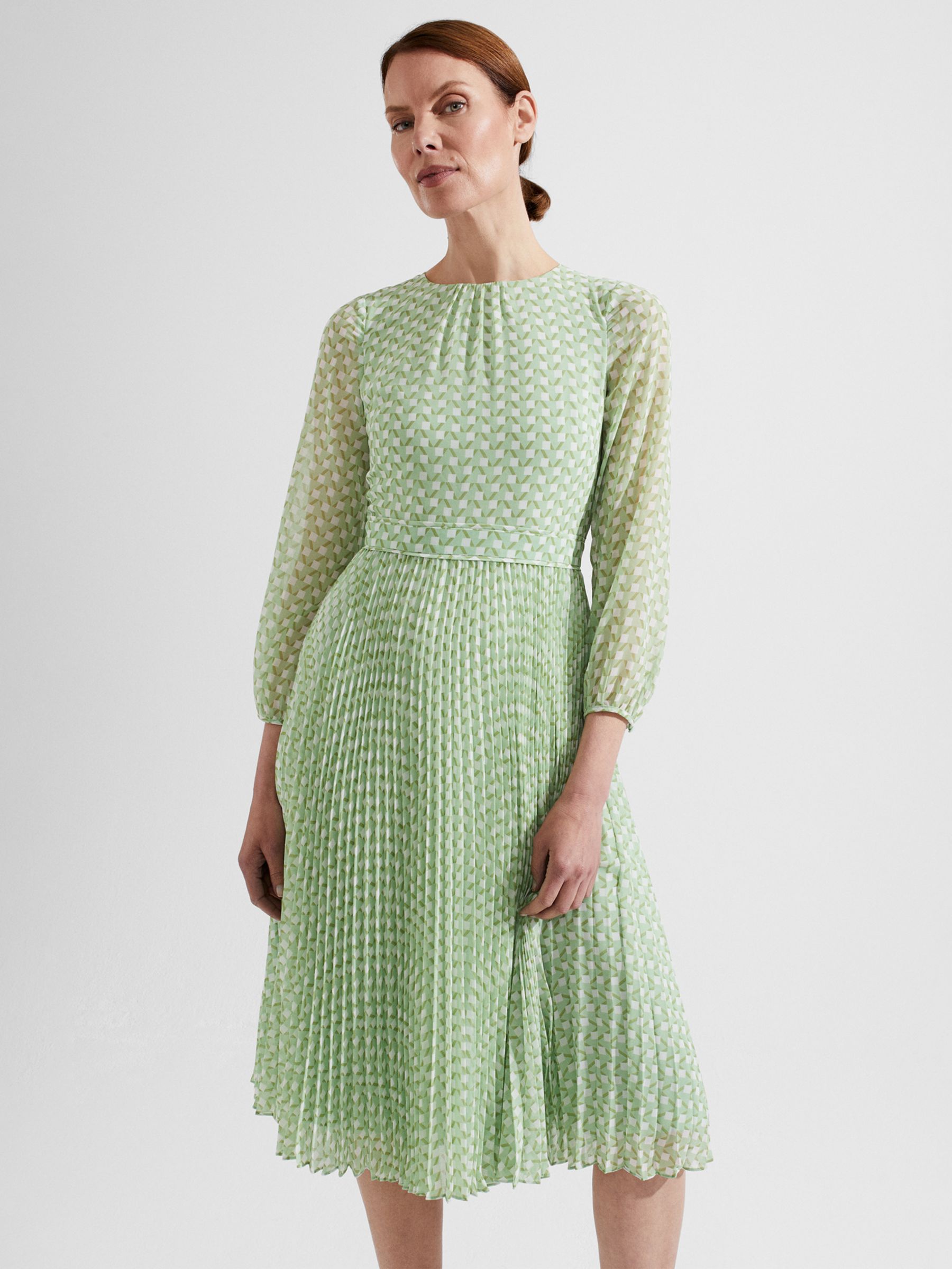 Hobbs Salma Geometric Print Pleated Dress, Green/Multi, 14