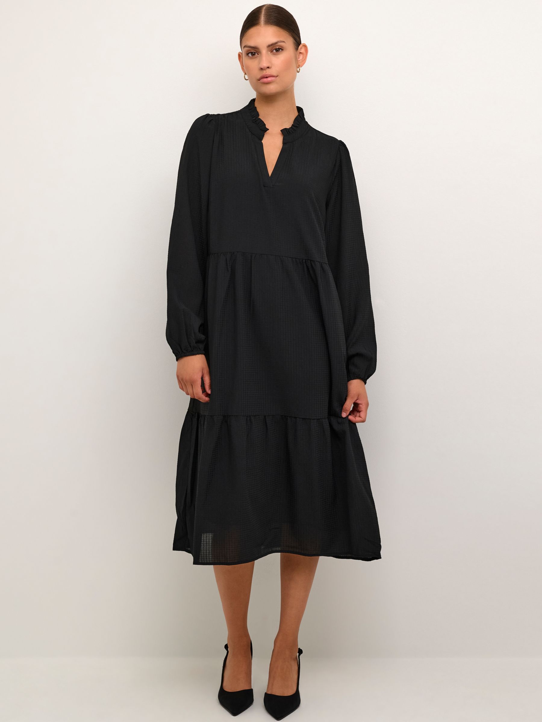 KAFFE Dorte Tiered Midi Dress, Black at John Lewis & Partners