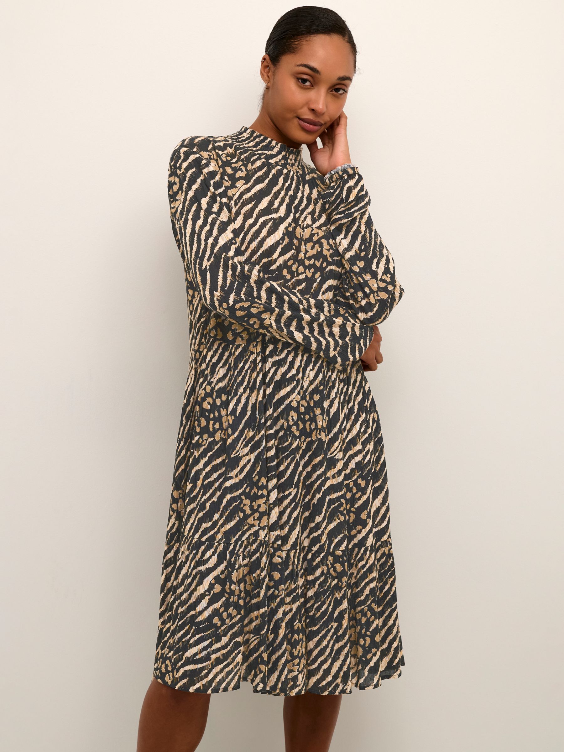 KAFFE Karina Amber Animal Print Midi Dress, Black/Brown at John Lewis ...