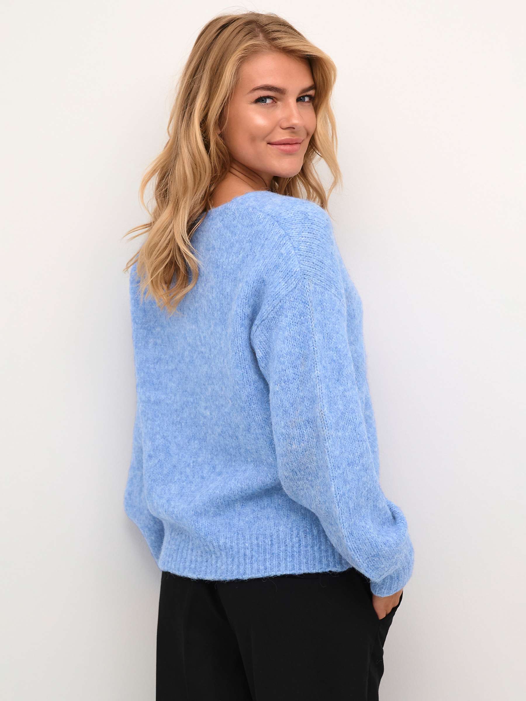 KAFFE Sarla Wool Blend V-Neck Jumper, Cornflower Blue at John Lewis ...