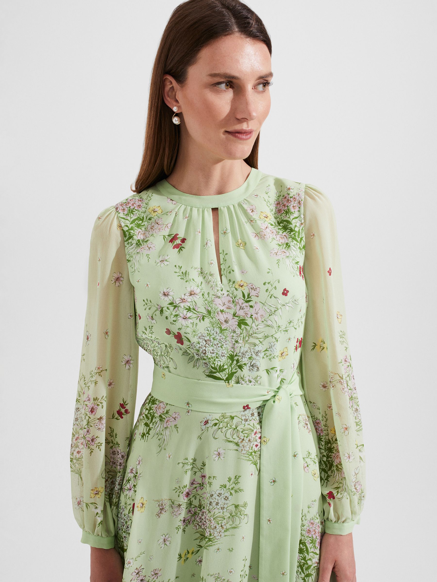 Hobbs Leia Silk Floral Print Dress, Green Multi, 8