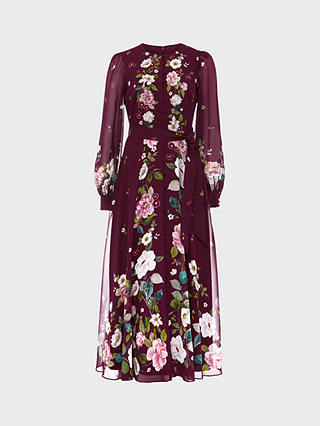 Hobbs Maribella Floral Silk Maxi Swing Dress, Burgundy/Multi