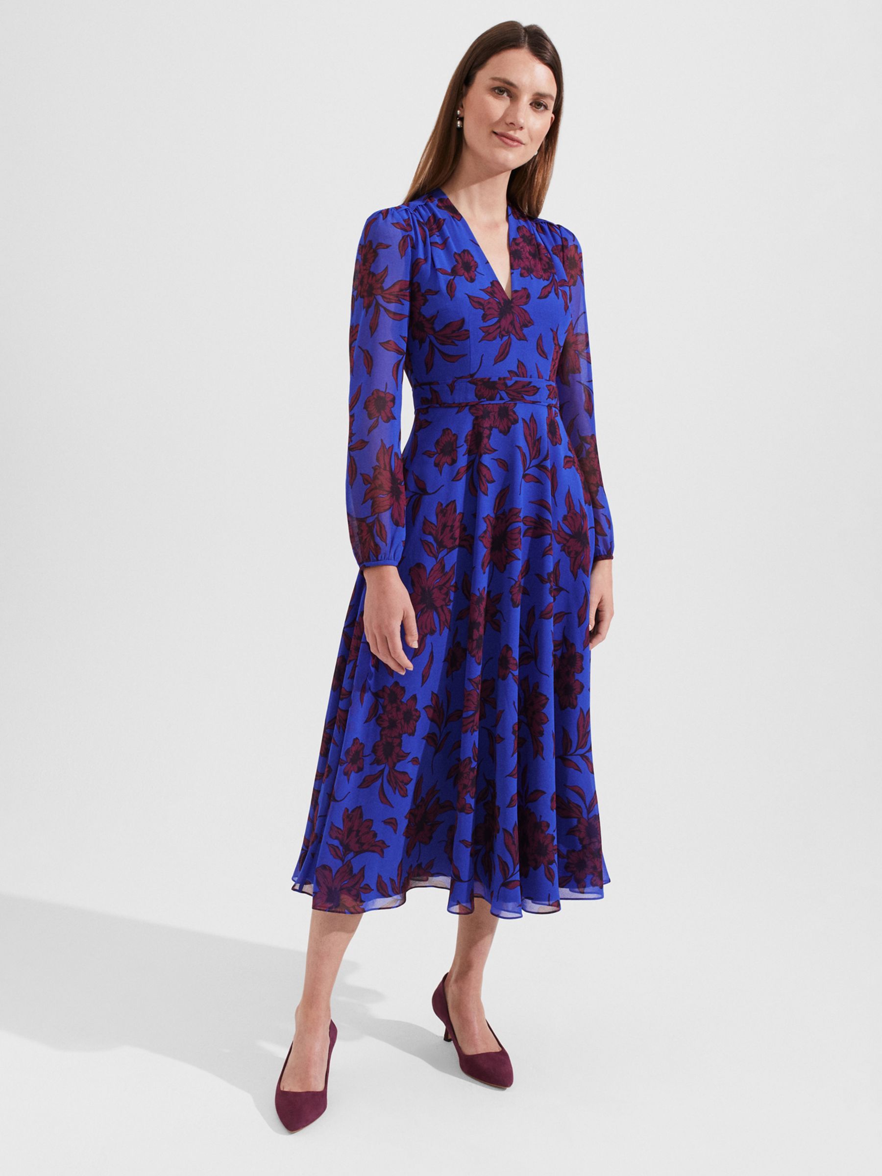 Hobbs Aurora Floral Dress, Blue/Burgundy