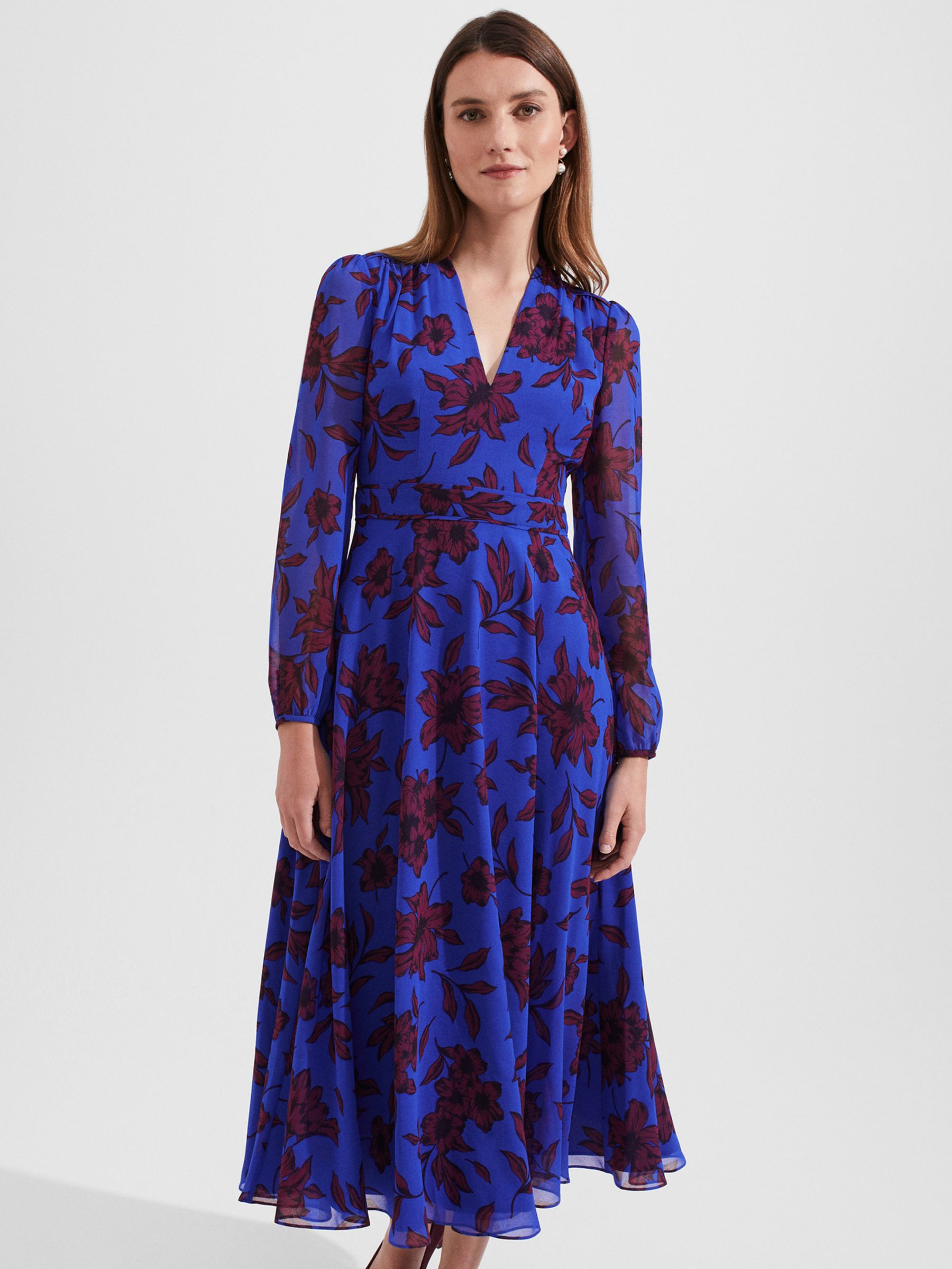 Hobbs Aurora Floral Dress, Blue/Burgundy