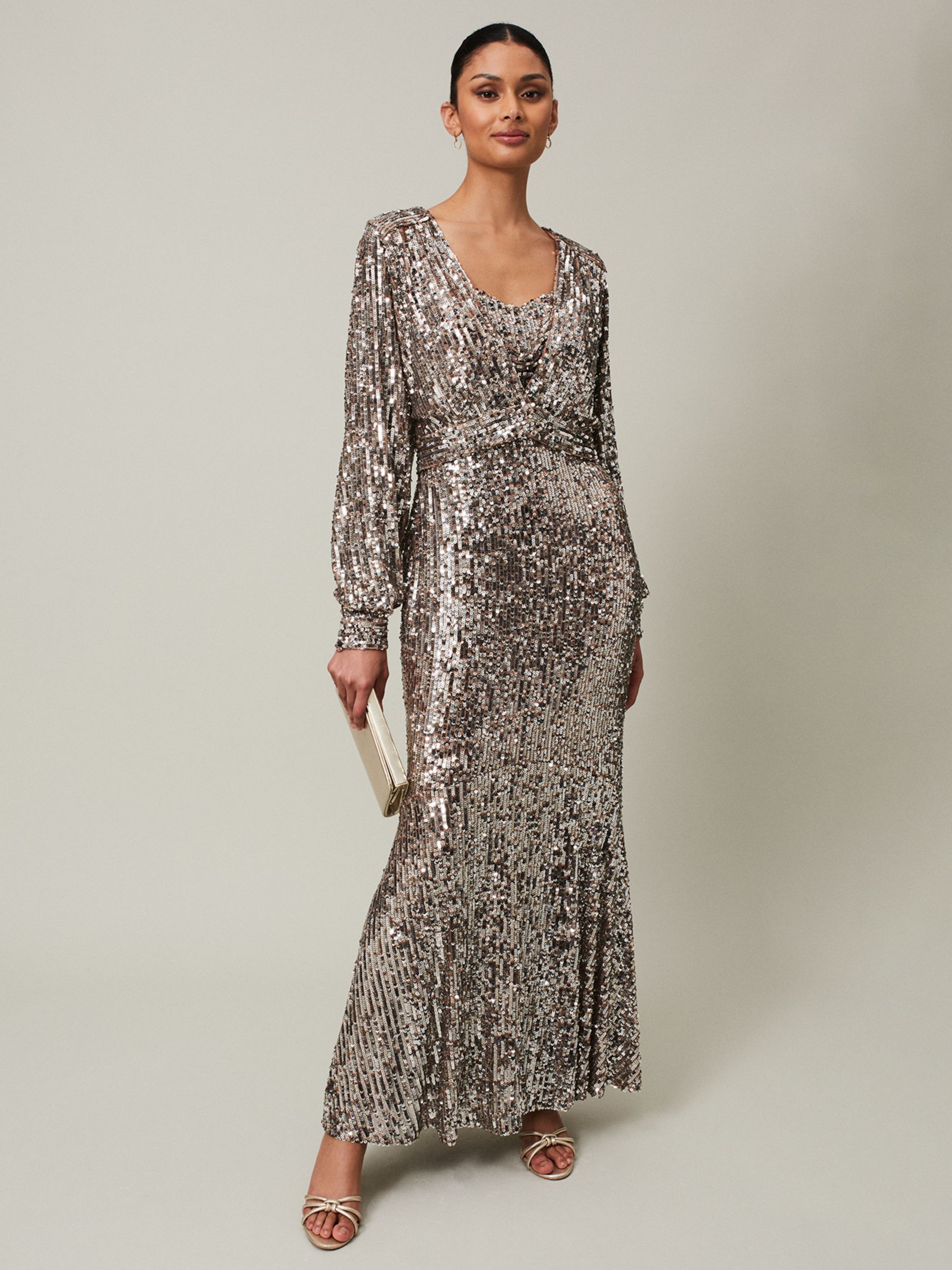 Phase Eight Thalia Sequin Maxi Dress with Cover Up, Silver, 26