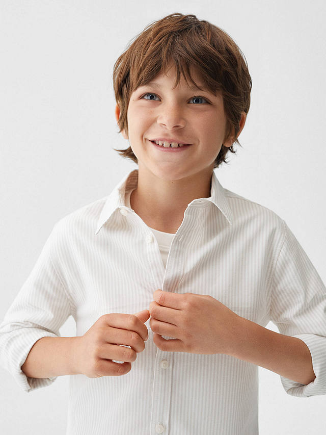 Mango Kids' Regular Fit Stripe Oxford Shirt, Light Beige