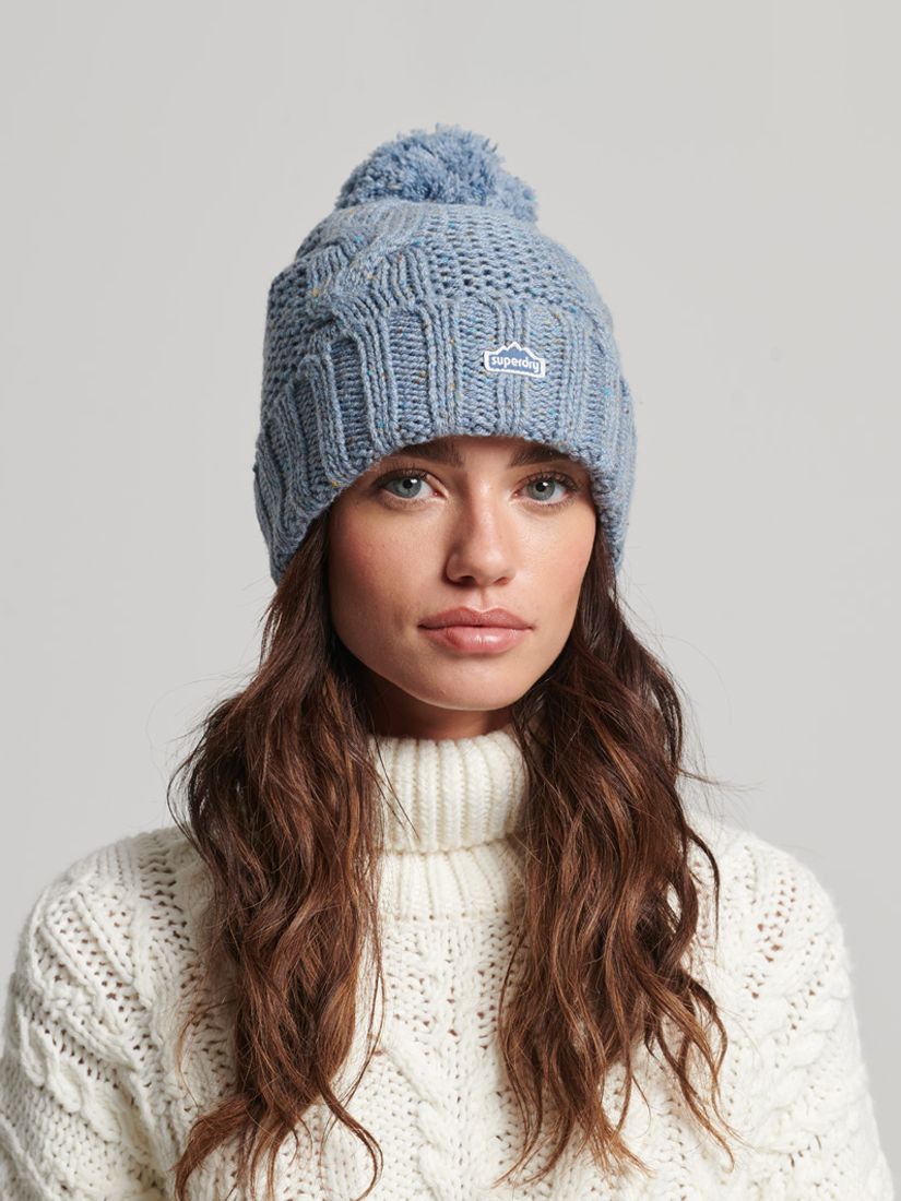 Superdry Cable Knit Bobble Beanie, Soft Blue Tweed at John Lewis & Partners