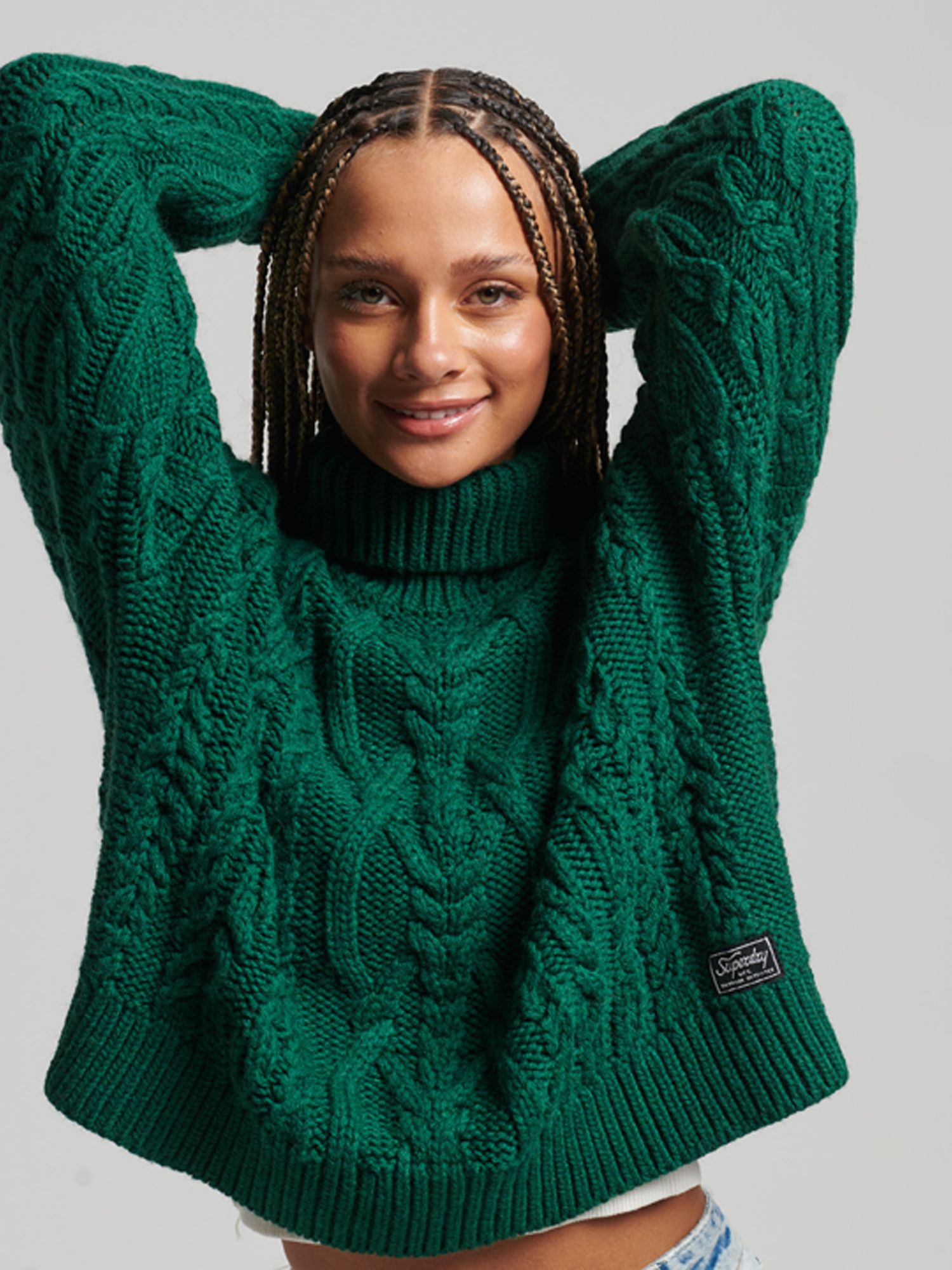 Women's Cable Knit Polo Neck Jumper in Pine Green