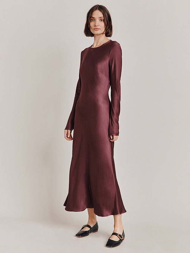 Ghost Mari Satin Midi Dress, Midnight Mauve