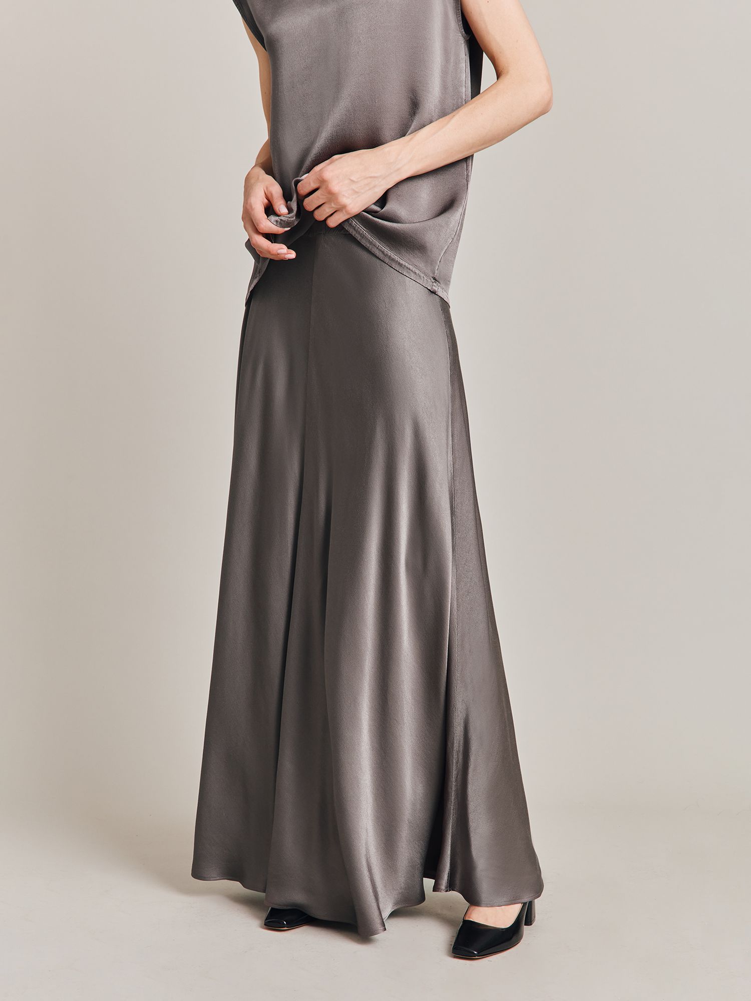 Ghost Adrianna Satin Maxi Skirt, Grey at John Lewis & Partners