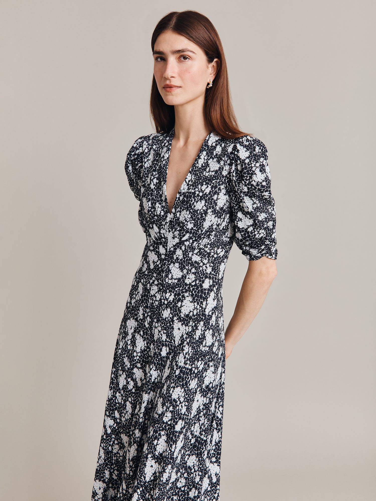 Ghost Madi Floral Print Midi Dress, Black/White at John Lewis & Partners