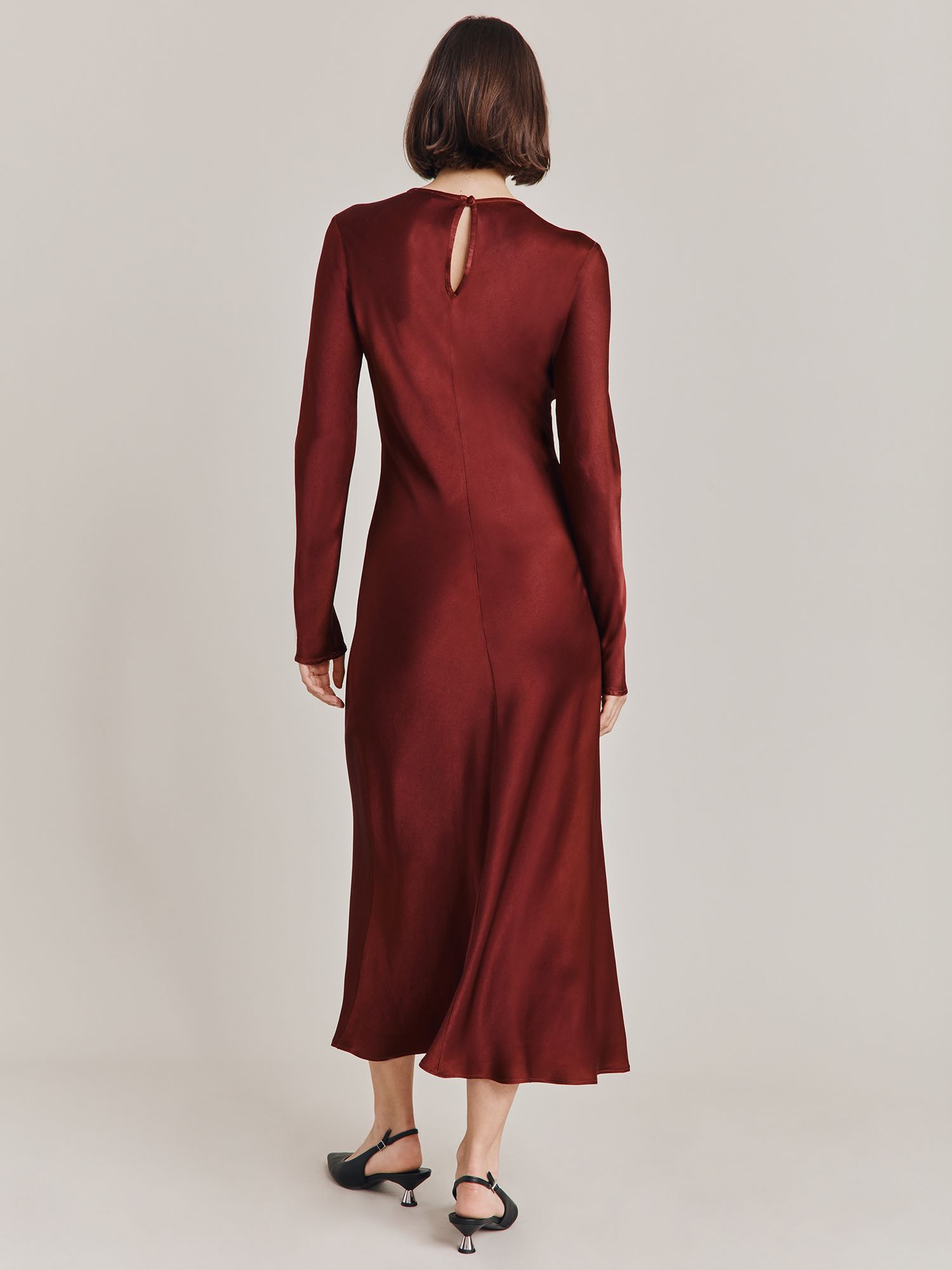 Ghost Freya Cut-Out Detail Satin Midi Dress, Port at John Lewis & Partners