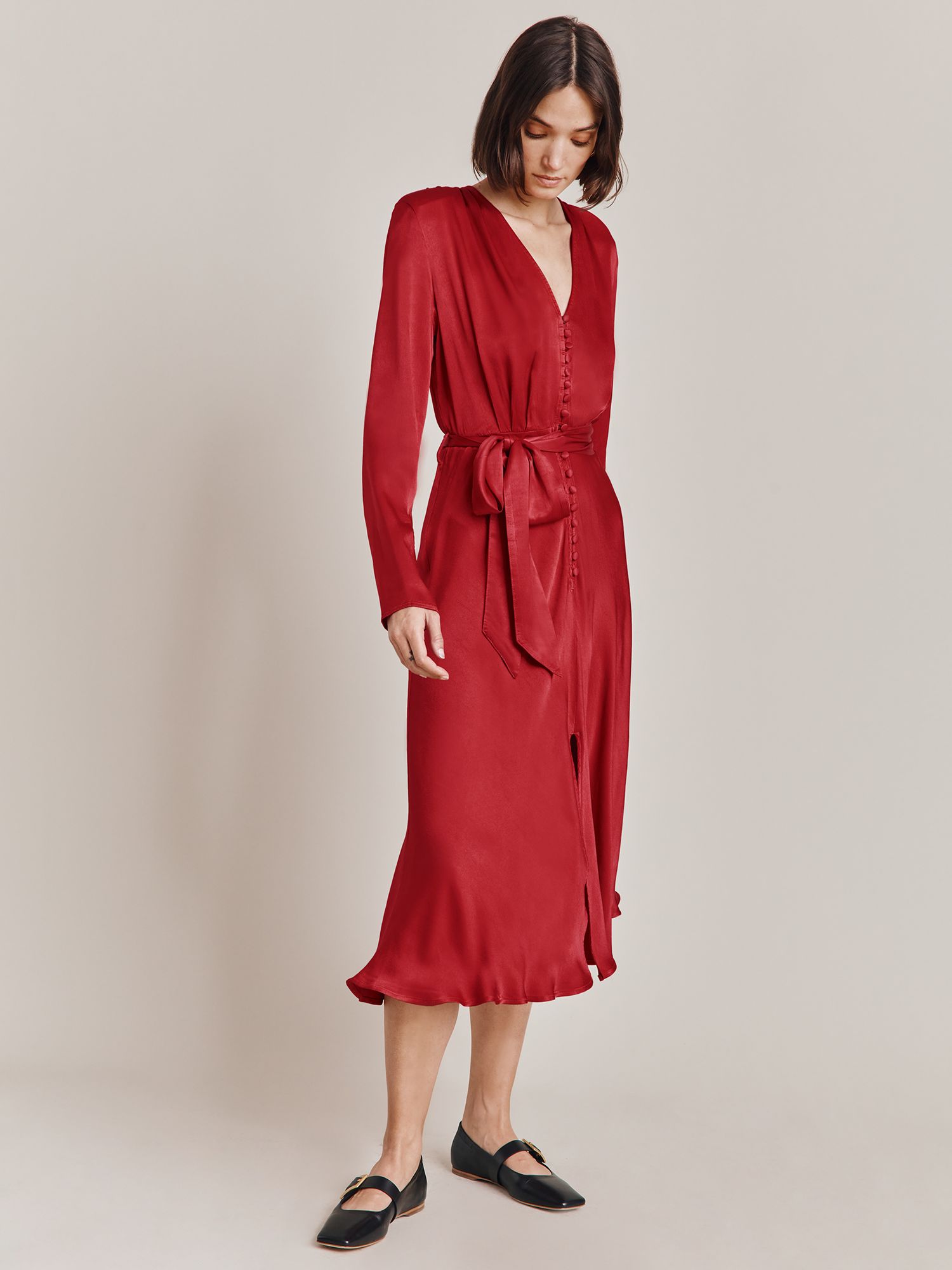 Ghost Meryl Satin Midi Dress, Rosey Red at John Lewis & Partners