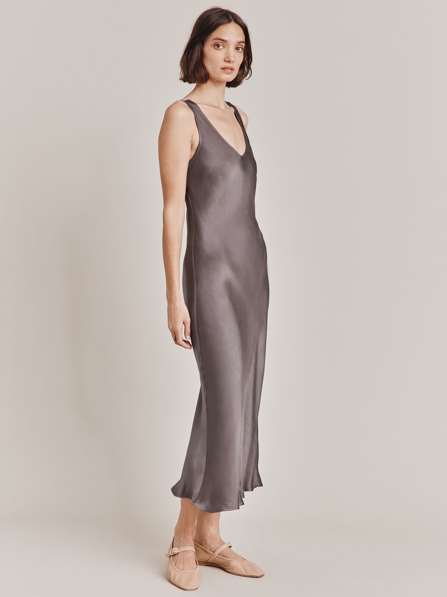 Ghost Palm Bias Cut Satin Slip Dress, Grey at John Lewis & Partners