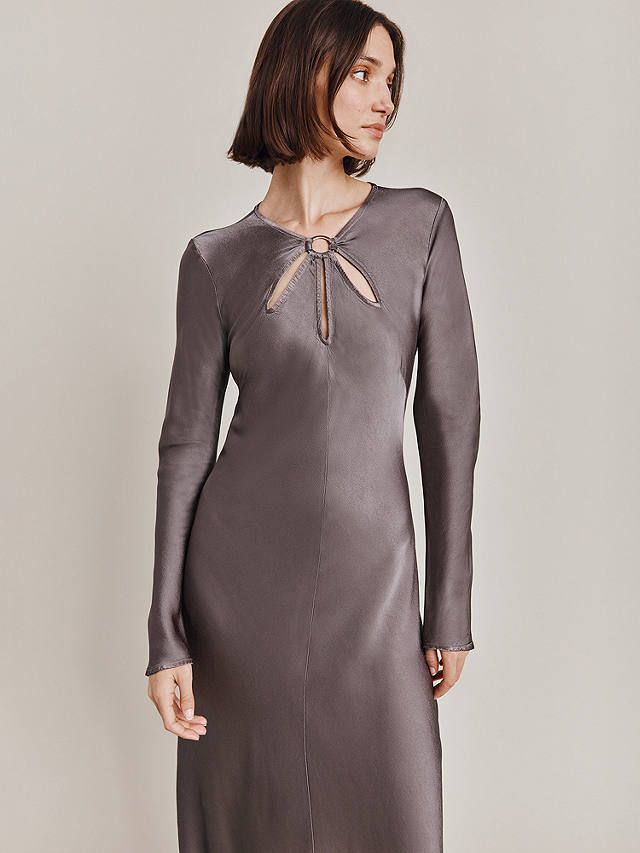 Ghost Freya Cut-Out Detail Satin Midi Dress, Grey