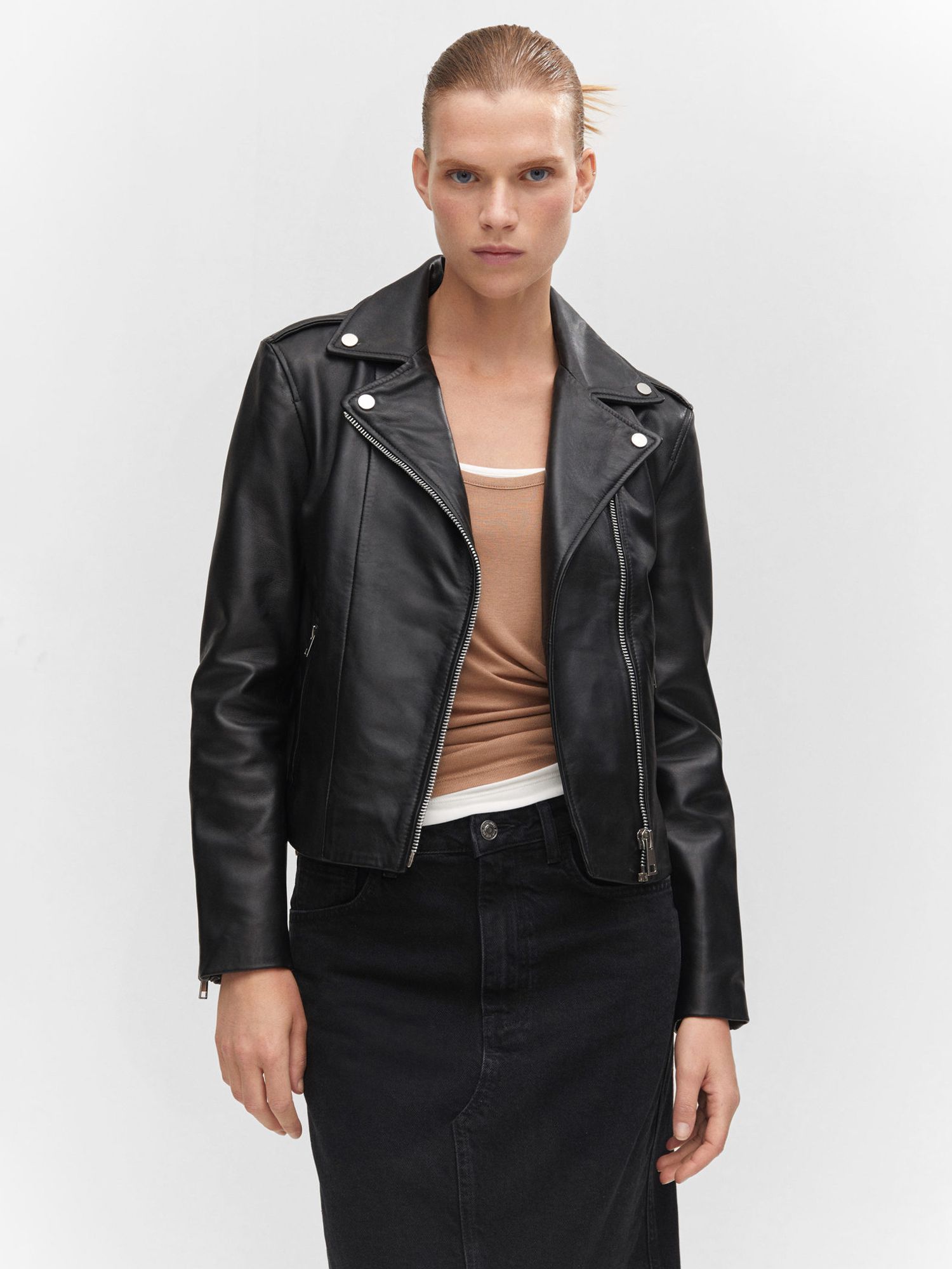Mango Perfect Leather Biker Jacket, Black, XXS