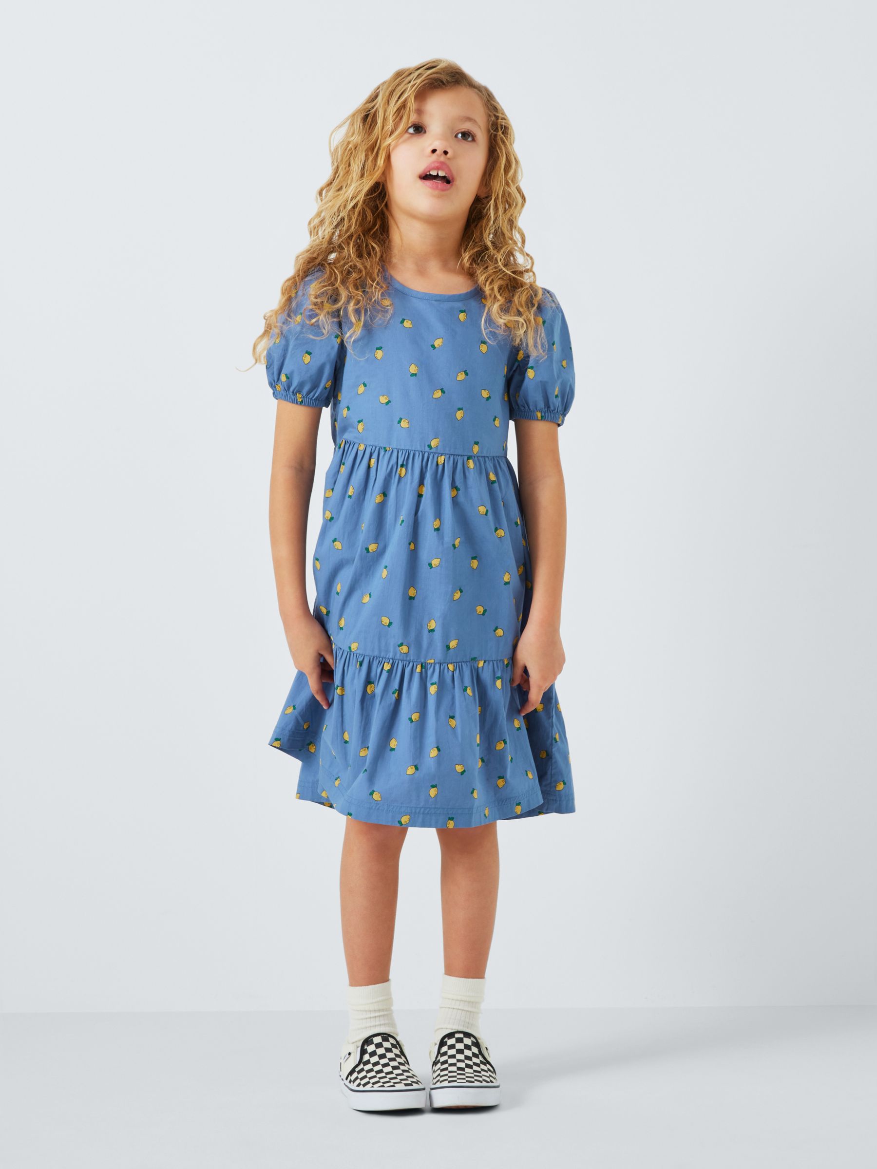 John Lewis ANYDAY Kids' Lemon Print Tiered Dress, Bijou Blue, 12 years
