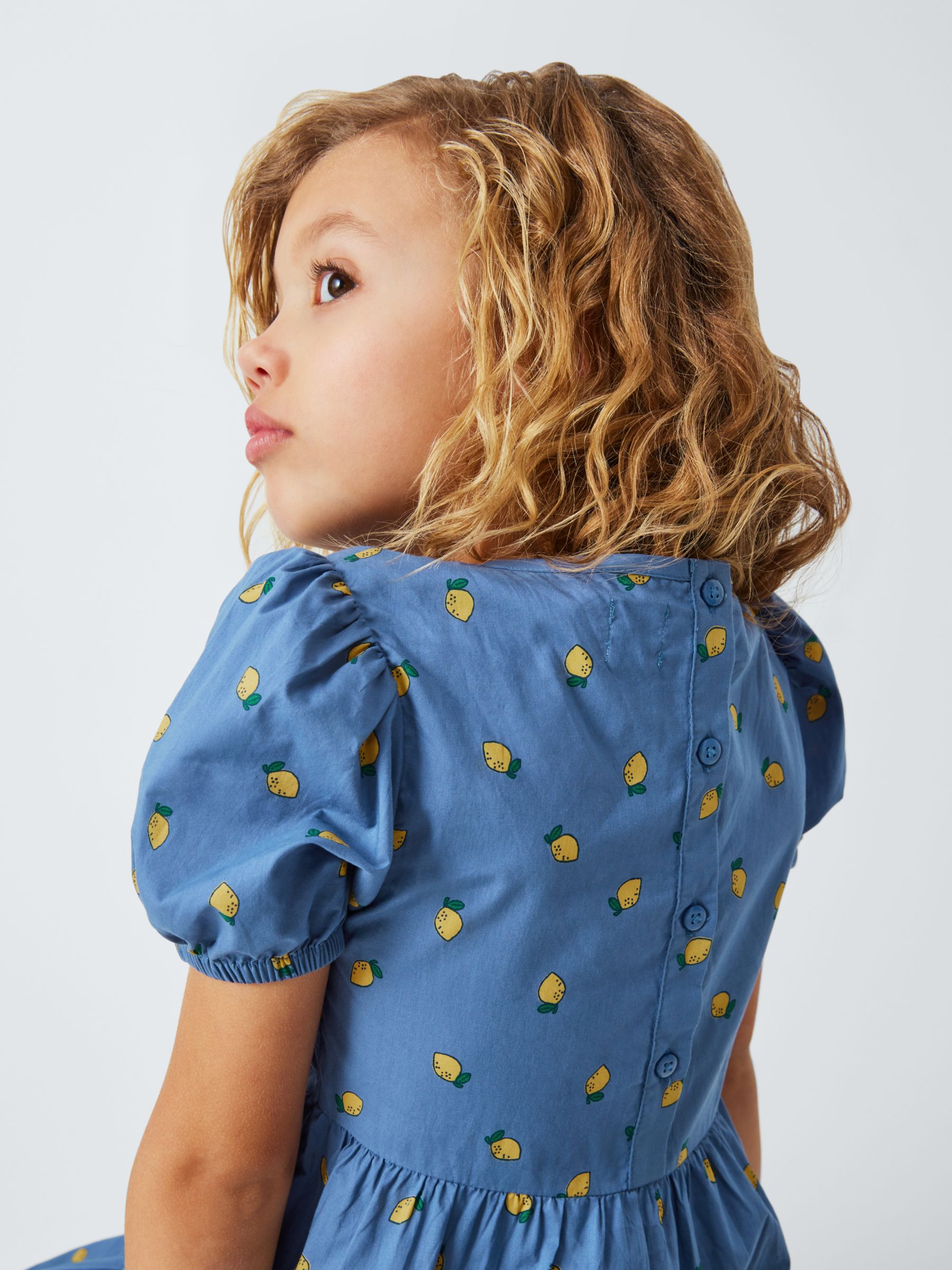 John Lewis ANYDAY Kids' Lemon Print Tiered Dress, Bijou Blue, 12 years