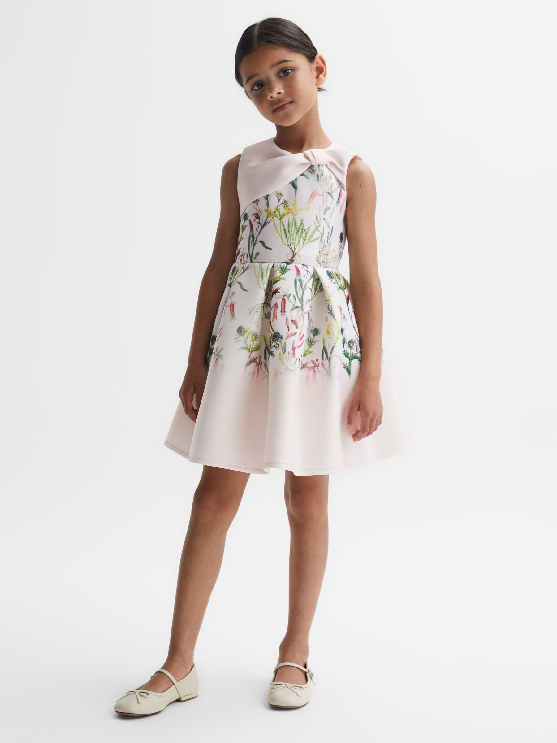 Reiss Kids' Emily Bow Detail Floral Print Scuba Dress, Green/Multi, 4-5 years