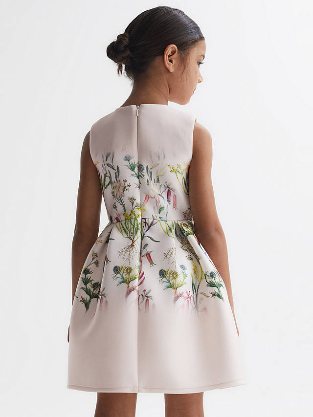 Reiss Kids' Emily Bow Detail Floral Print Scuba Dress, Green/Multi