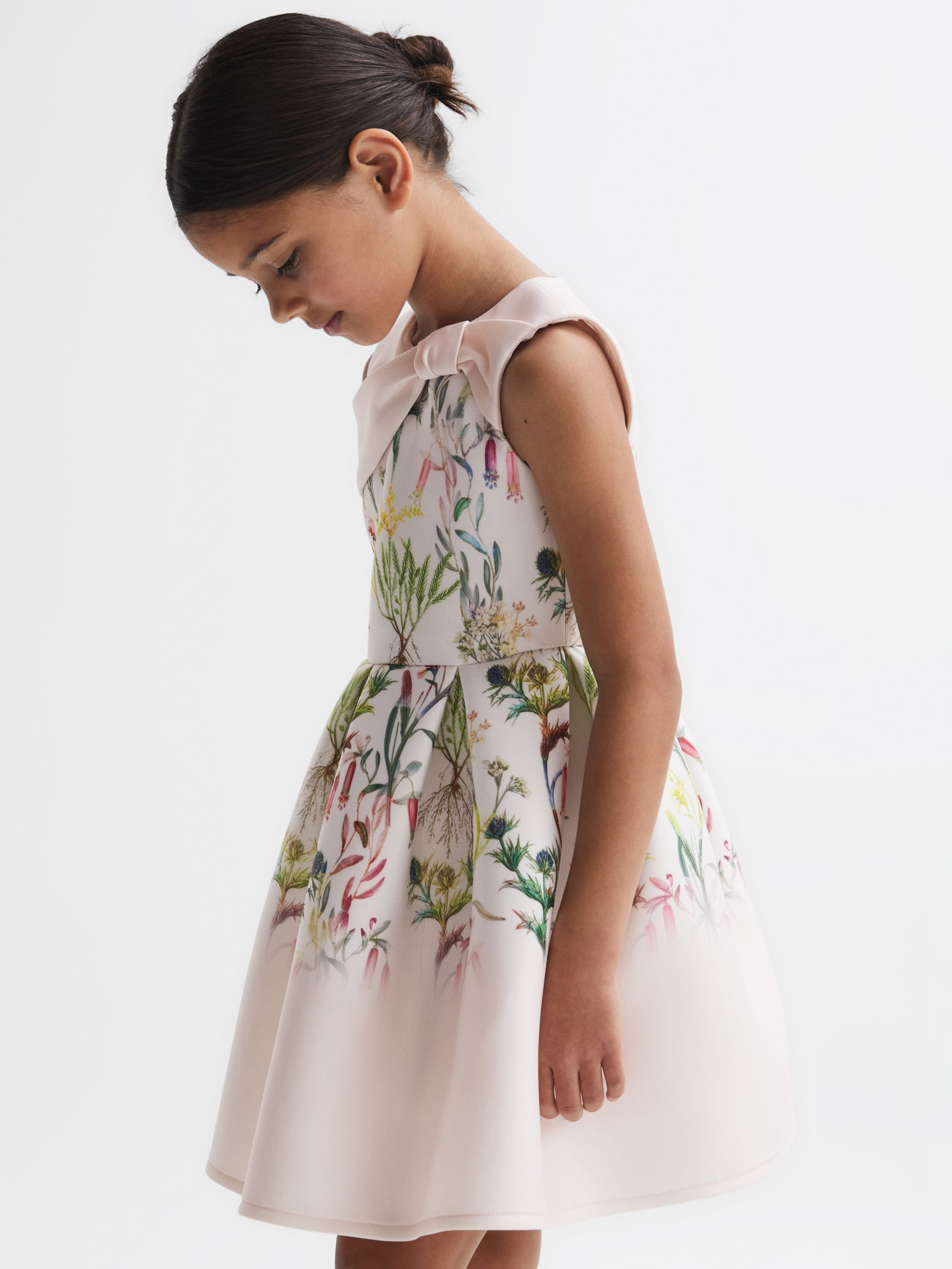 Reiss Kids' Emily Bow Detail Floral Print Scuba Dress, Green/Multi, 4-5 years