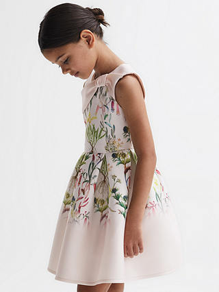 Reiss Kids' Emily Bow Detail Floral Print Scuba Dress, Green/Multi