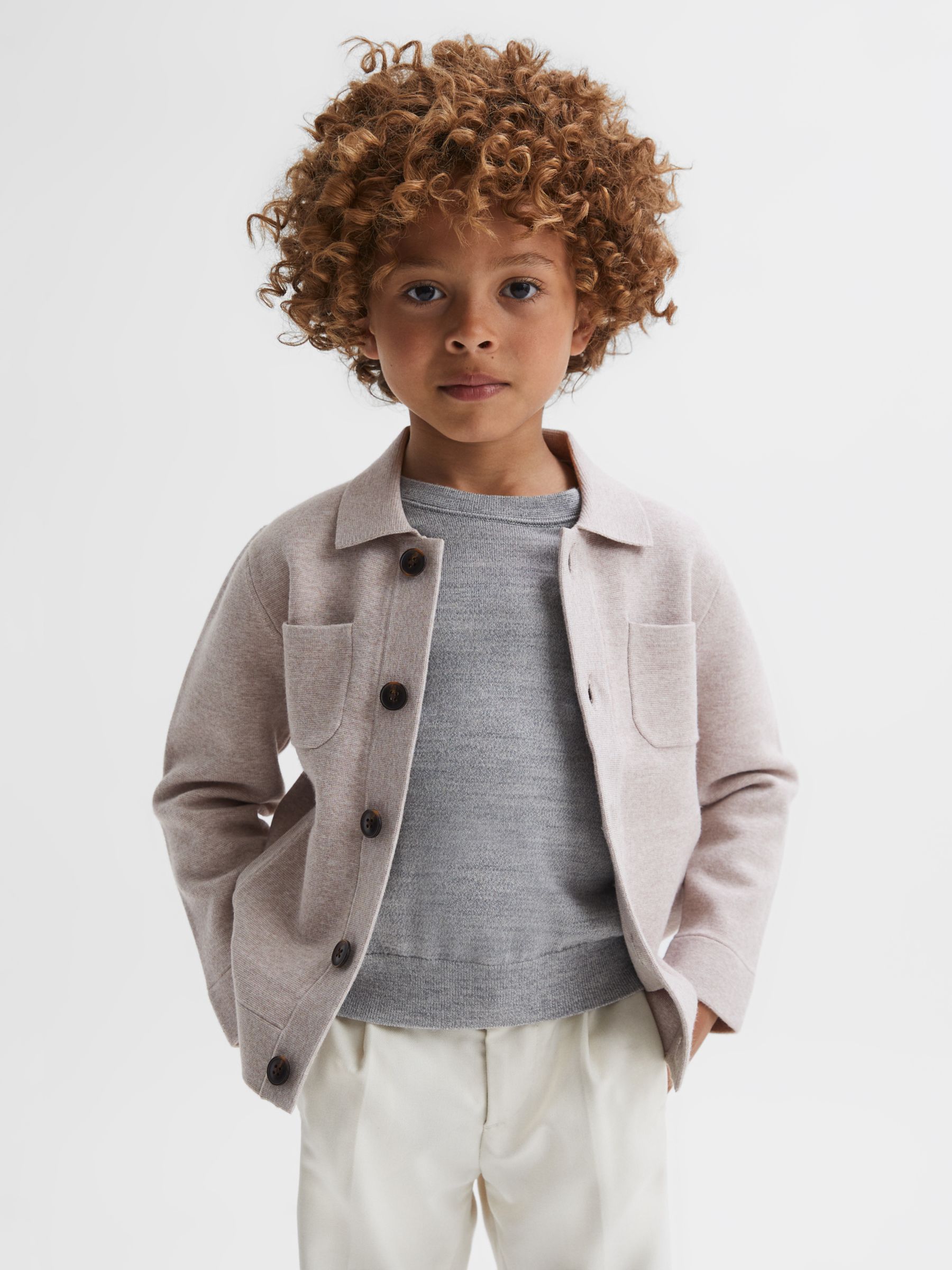 Reiss Kids' Forester Button Through Cardigan, Oatmeal Melange at