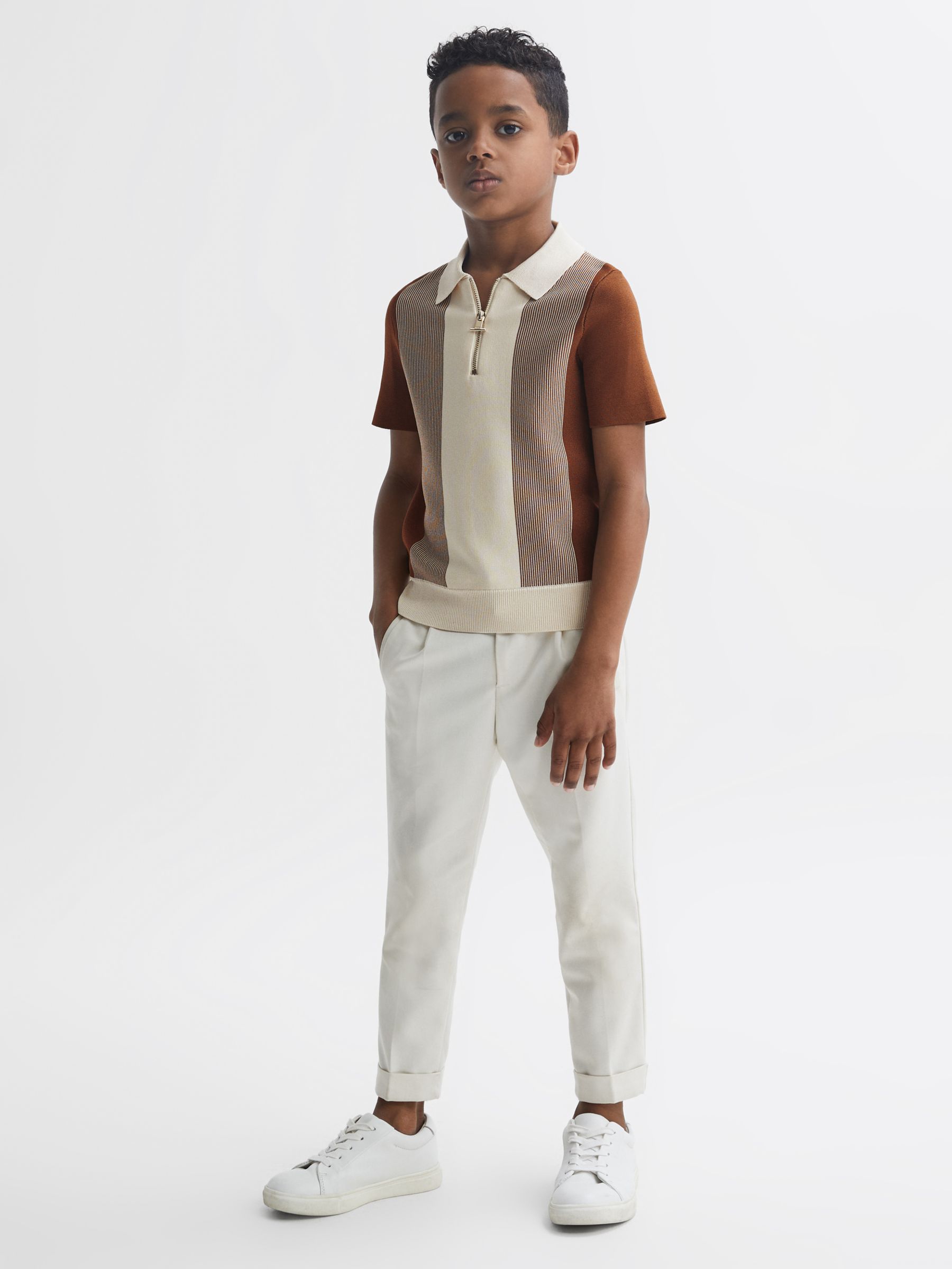 Reiss Kids' Milton Half Zip Stripe Top, Tobacco/Ecru at John Lewis ...