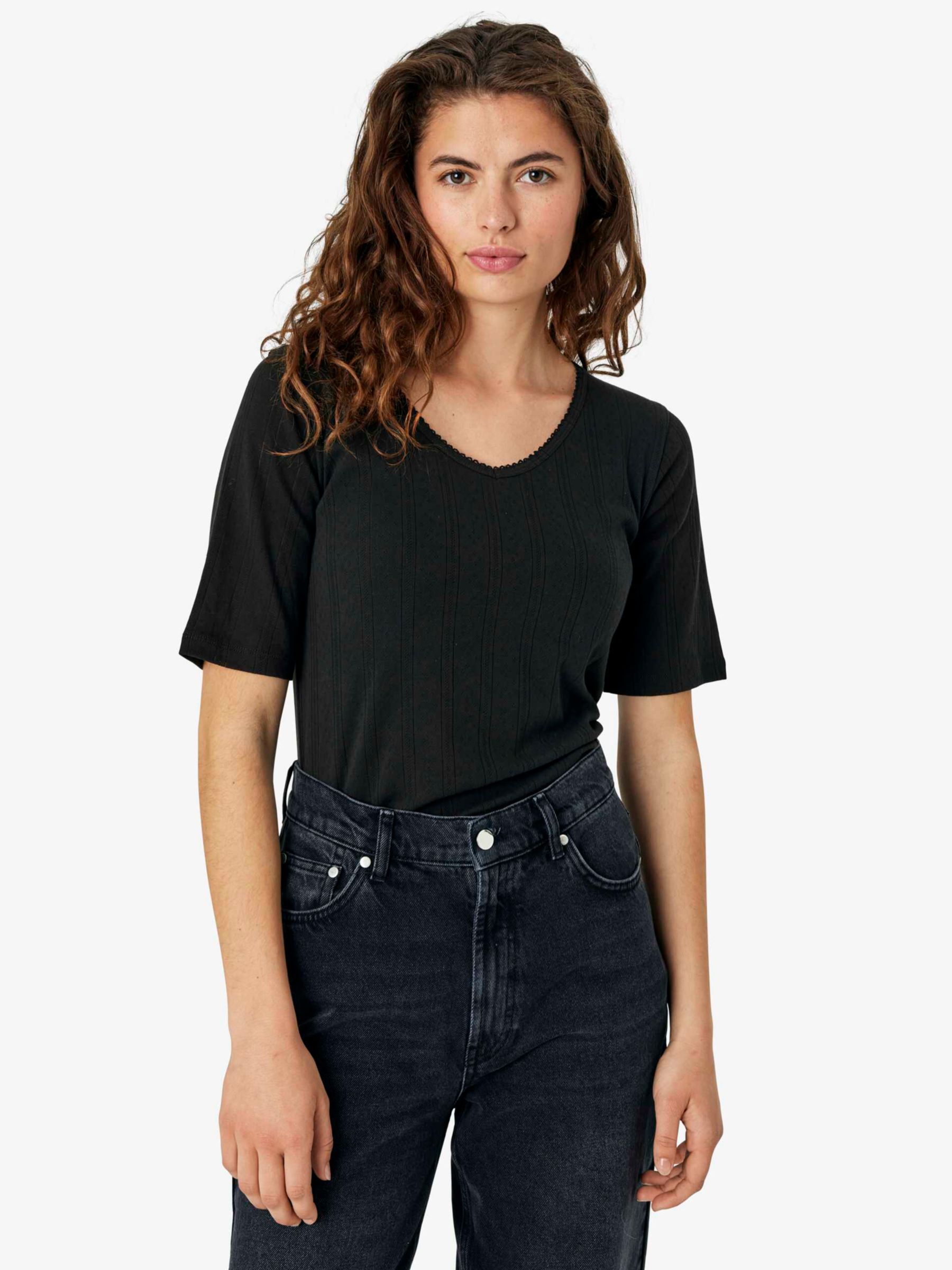 Noa Noa Mindy Pointelle Organic Cotton Elbow Sleeve T-Shirt, Black at ...