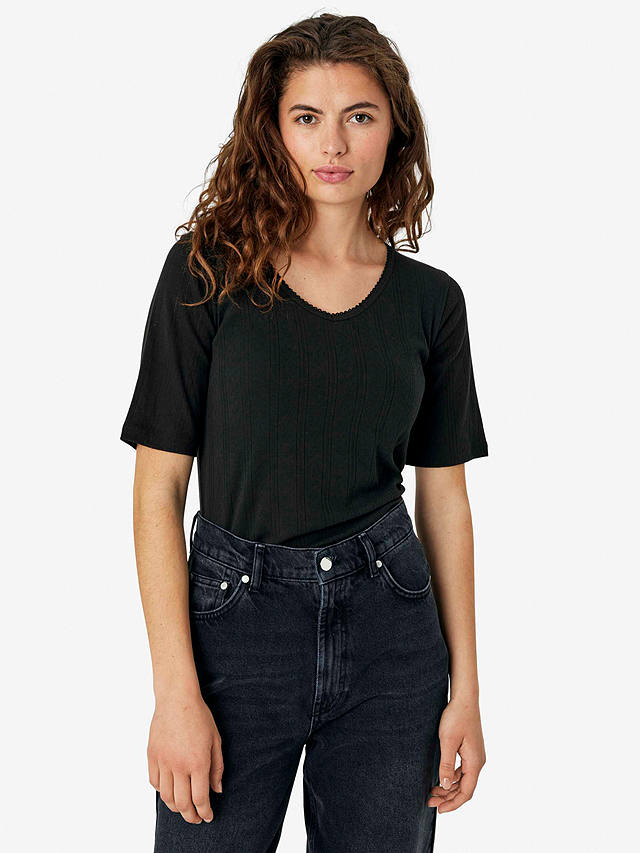 Noa Noa Mindy Pointelle Organic Cotton Elbow Sleeve T-Shirt, Black