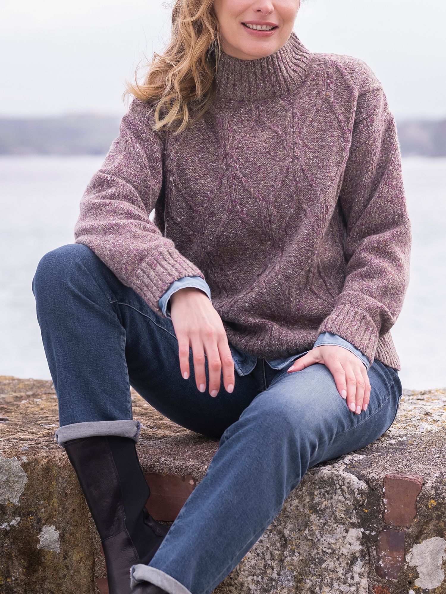 Celtic & Co. Wool Blend Flecked Diamond Cable Jumper, Heather at John ...