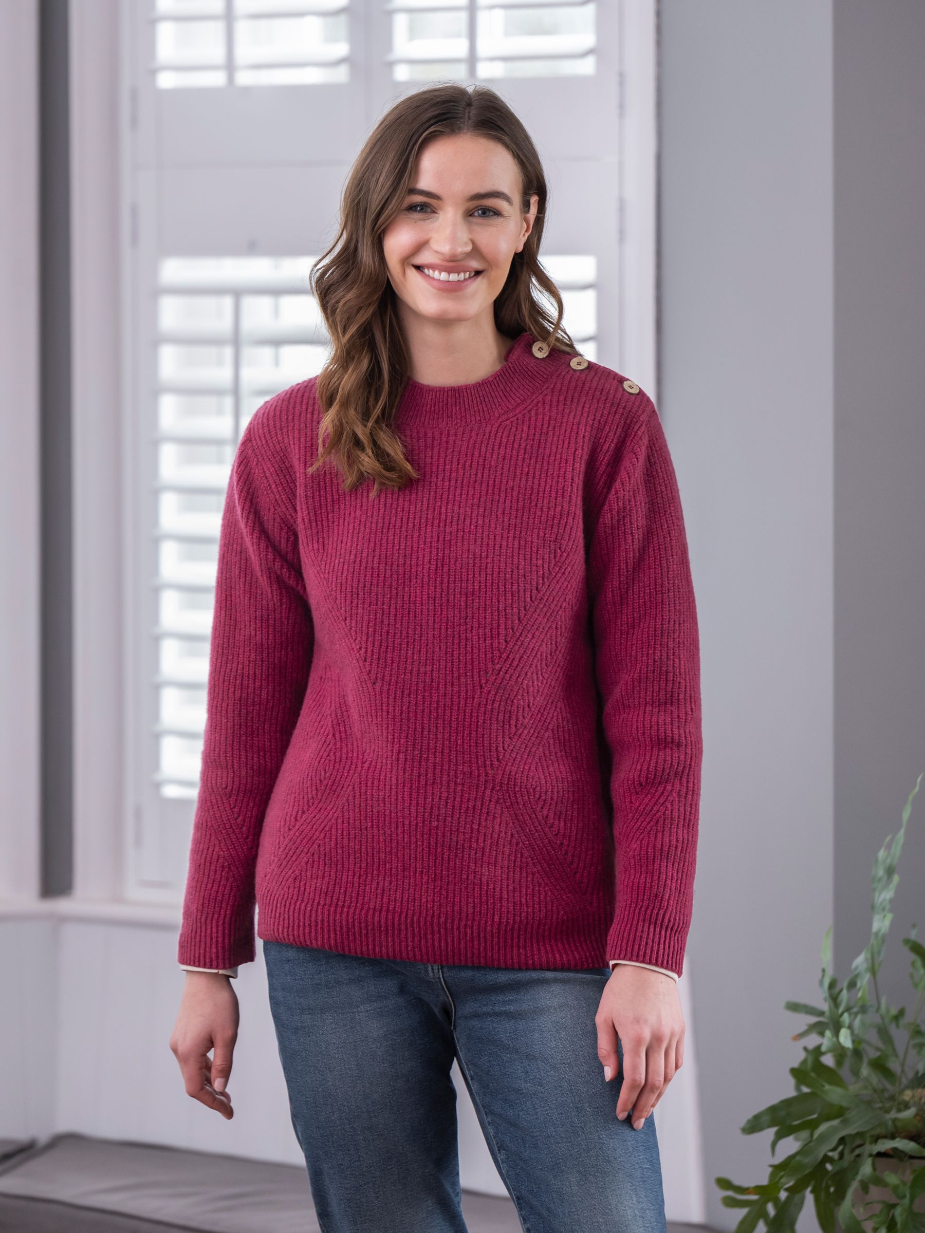 Celtic & Co. Ribbed Lambswool Button Neck Jumper, Anemone, XS