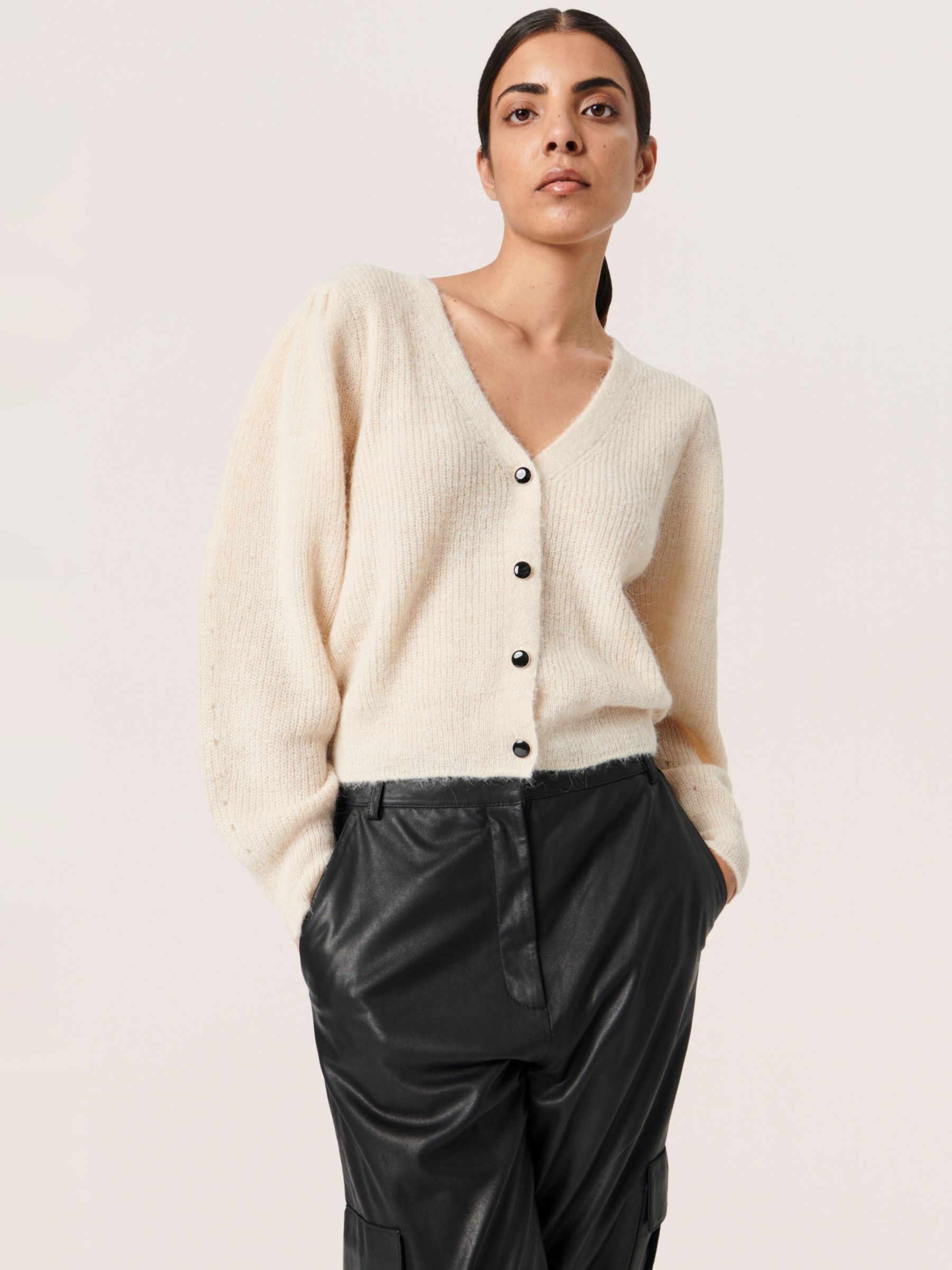Soaked In Luxury Tuesday Wool Blend Puff Sleeve Cardigan, Sandshell at ...